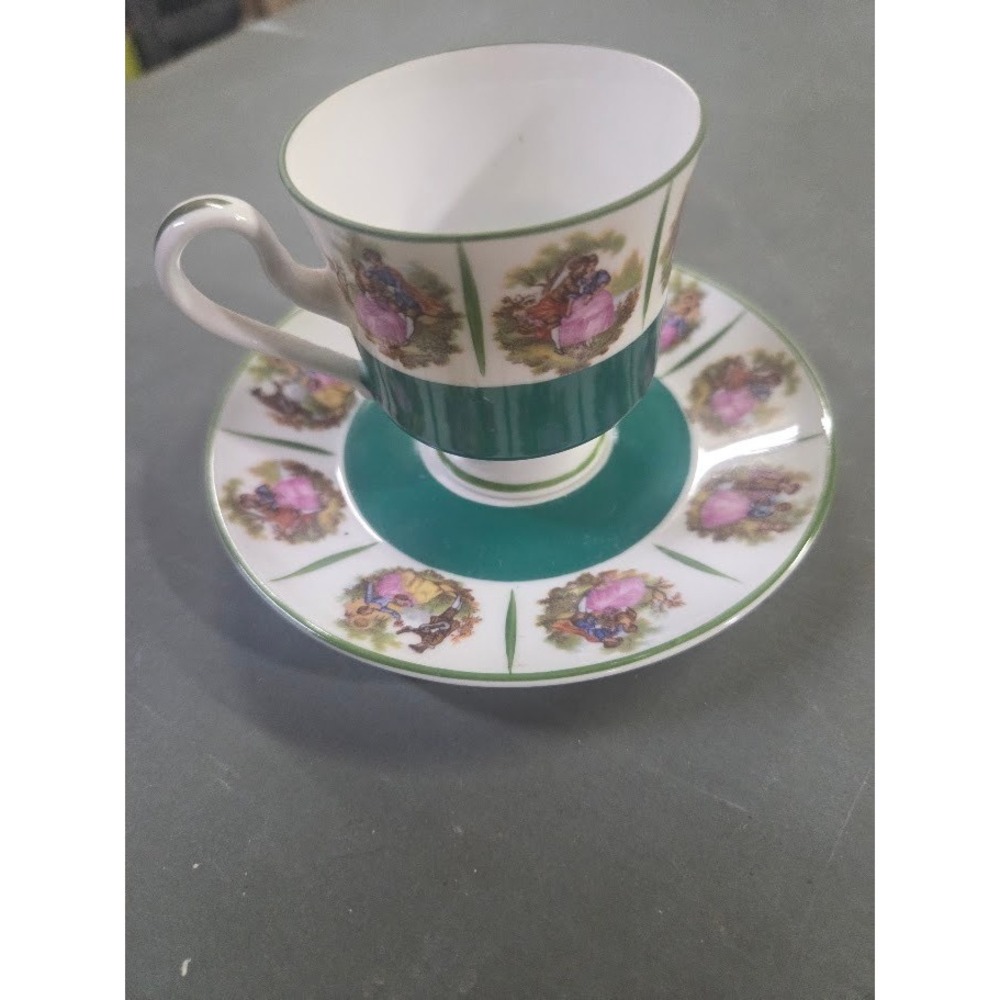 Dresden Design Sandizell Courting Couple Tea Cup and Saucer Set Green White